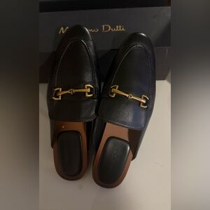 Massimo Dutti Black Leather Loafers with Gold Accent